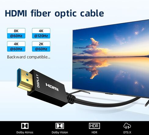 كابل ألياف بصرية HDMI 8K بطول 100 قدم، 4K120 8K@60 هرتز كابل HDMI 2.1، كابل صوت HDMI بصري فائق السرعة 48 جيجابت في الثانية سلك HDMI، eARC HDR10 HDCP 2.2 متوافق مع جهاز عرض PS5 Xbox TV in Kuwait