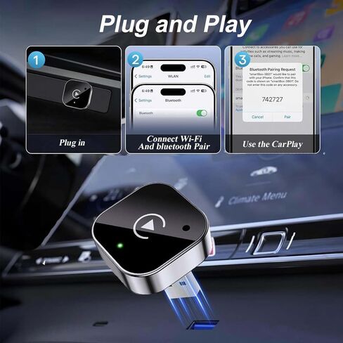 محول CarPlay لاسلكي مطور لعام 2025 لأجهزة iPhone وAndroid، محول سلكي صغير إلى لاسلكي لـ CarPlay وAndroid Auto، التوصيل والتشغيل، اتصال مستقر وبدون زمن وصول in Saudi Arabia