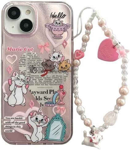 Pink Glitter Shiny Soft TPU Case with Beads Bracelet Lanyard for Apple iPhone 12 Pro Max Marie Cat Bow Heart Love Cartoon Anime Glittery Cute Lovely Adorable Pretty Girls Kids in Saudi Arabia