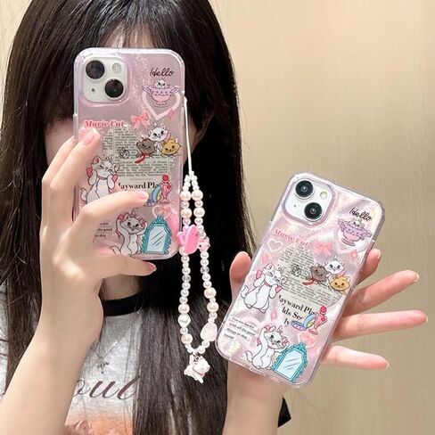 Pink Glitter Shiny Soft TPU Case with Beads Bracelet Lanyard for Apple iPhone 12 Pro Max Marie Cat Bow Heart Love Cartoon Anime Glittery Cute Lovely Adorable Pretty Girls Kids in Saudi Arabia