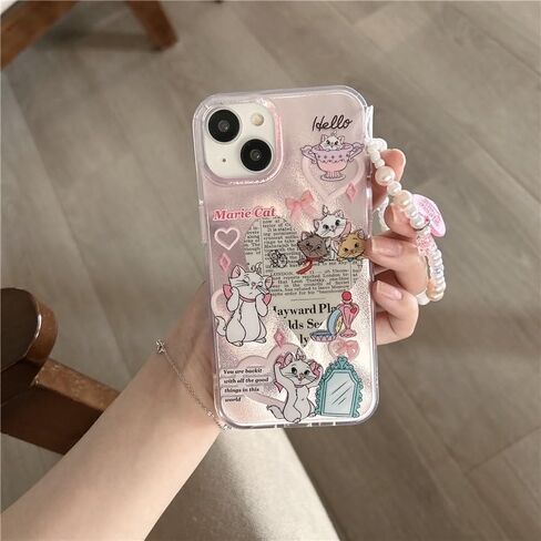 Pink Glitter Shiny Soft TPU Case with Beads Bracelet Lanyard for Apple iPhone 12 Pro Max Marie Cat Bow Heart Love Cartoon Anime Glittery Cute Lovely Adorable Pretty Girls Kids in Saudi Arabia