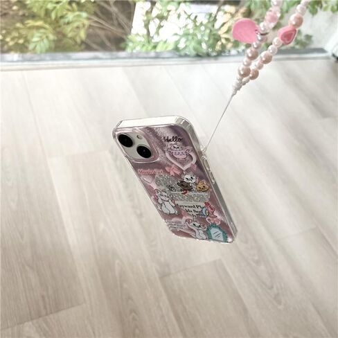 Pink Glitter Shiny Soft TPU Case with Beads Bracelet Lanyard for Apple iPhone 12 Pro Max Marie Cat Bow Heart Love Cartoon Anime Glittery Cute Lovely Adorable Pretty Girls Kids in Saudi Arabia