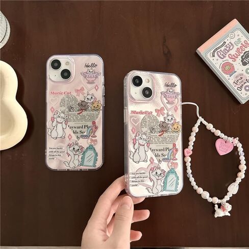 Pink Glitter Shiny Soft TPU Case with Beads Bracelet Lanyard for Apple iPhone 12 Pro Max Marie Cat Bow Heart Love Cartoon Anime Glittery Cute Lovely Adorable Pretty Girls Kids in Saudi Arabia