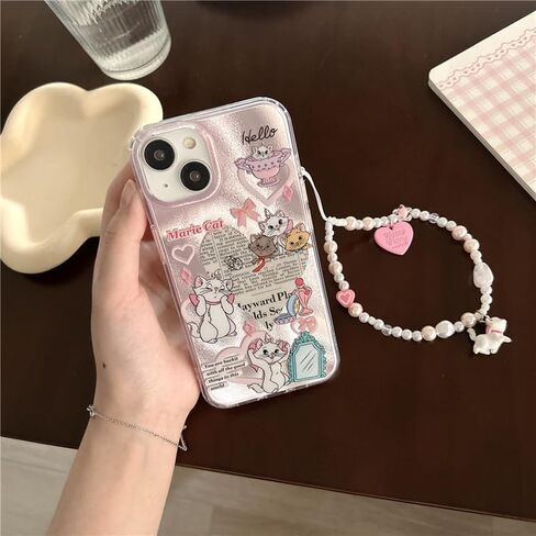 Pink Glitter Shiny Soft TPU Case with Beads Bracelet Lanyard for Apple iPhone 12 Pro Max Marie Cat Bow Heart Love Cartoon Anime Glittery Cute Lovely Adorable Pretty Girls Kids in Saudi Arabia