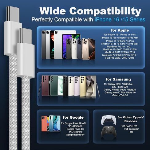 كابل USB C إلى USB C 60 وات (حزمة واحدة، 6.6 قدم)، كابل شحن سريع مجدول من النوع C إلى النوع C لهواتف iPhone 17 Pro Max/Air/17 Pro/17/iPhone 16 Pro Max/16 Pro/15 Plus/15 Pro Max، سلسلة iPad، سامسونج- أبيض in Saudi Arabia