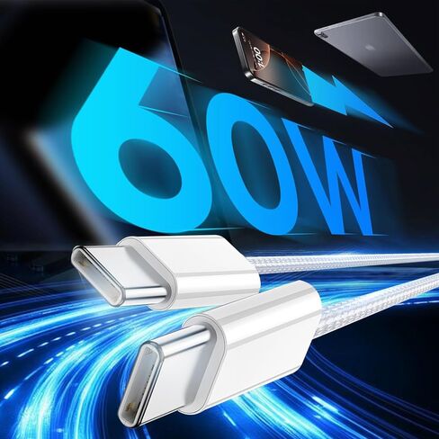 كابل USB C إلى USB C 60 وات (حزمة واحدة، 6.6 قدم)، كابل شحن سريع مجدول من النوع C إلى النوع C لهواتف iPhone 17 Pro Max/Air/17 Pro/17/iPhone 16 Pro Max/16 Pro/15 Plus/15 Pro Max، سلسلة iPad، سامسونج- أبيض in Saudi Arabia