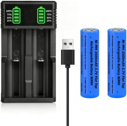 2 Pack 3500mAh 3.7V Battery Flat Top NI-MH Rechargeable with 2-Slot 18650 Battery Charger, 3.7Volt Batteries NIMH Large Capacity for LED Flashlight/Camera/Small Fan/Garden Light, NOT AA/AAA in Saudi Arabia