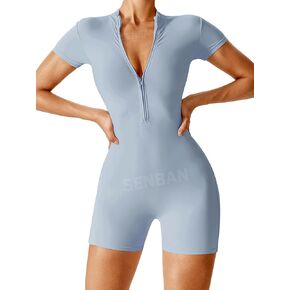 SENBAN Women Zip Up Rompers One Piece Yoga Workout Shorts Jumpsuit Short Sleeve Tummy Control Bodycon Bodysuit