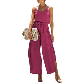 Happy Sailed Casual Jumpsuits for Women Spaghetti Straps Belted Split Wide Leg Pants Rompers Summer One Piece Outfits