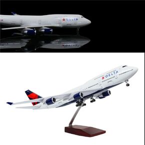 24-Hours 1/130 Scale Model Jet Airplane Delta Airplane Boeing 747 Plane Model Diecast Airplane Model for Adults with LED Light (Touch or Sound Control) for Decoration and Displays