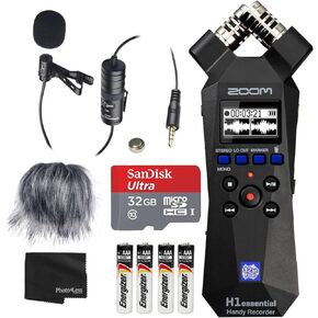 مجموعة Zoom H1essential Handy Recorder مع ميكروفون مكثف Lavalier احترافي، وبطاقة microSDHC سعة 32 جيجابايت، وواقي أمامي للميكروفون فروي، و4 بطاريات قلوية AAA، والمزيد!