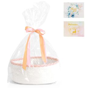 Tidelit Gift Basket with 2 Greeting Cards Ribbon Gift Bag, Empty Cotton Rope Storage Basket With Concealed Handle For Baby, Pets, Toys, Fruits, 14 X 10 X 5.5 inches. Medium Size Pink