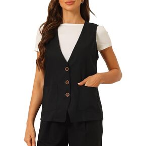 Allegra K Button Down Vest for Women Linen Sleeveless V Neck Summer Waistcoat