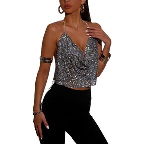 PartyArt Women Sexy Rhinestone Tops Sparkly Deep V Backless Crop Top Hanging Neck Metal Chain Sleeveless Club Party Clubwear