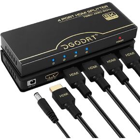 DGODRT 8K 60Hz HDMI Splitter 1 in 4 Out, 1x4 HDMI Splitter 48Gbp Distributor Box Support 3D HDR HDCP 2.3 for HDTV,Fire Stick,PS5,Xbox,Blu Ray,Projector(1 Source onto 4 Displays)