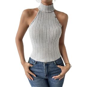FIGKICKSEN Summer Sweater Sleeveless Tops for Women Mock Neck Halter Crop Top Rib Knit Slim Fit Vest Bodycon Tops