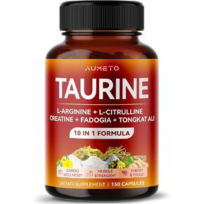 Taurine Supplement - Enhanced with L-Arginine, L-Citrulline, Creatine, Fadogia, Tongkat Ali for Mental Energy, Focus and Muscle Strength - Made in The US in Kuwait