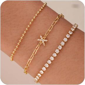 Initial Bracelets for Women Girls Dainty Gold Letter Bracelet 14K Gold Plated Layered Beaded Chain Bracelet Gold Tennis Bracelets for Women Trendy Gold Jewelry