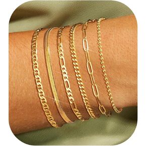 Gold Chain Bracelets Set for Women - Dainty 14K Gold Plated Cuban Link Bracelet Non Tarnish Figaro Herringbone Paperclip Stackable Beaded Bracelet Pack Jewelry Gifts 6" | 6.8" | 7.2"