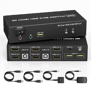 KVM Switch 2 Monitors 2 Computers HDMI 2 Port 4K@60Hz Dual Monitor KVM Switch Share 2 Monitor, Audio Mic Port and 3 USB Ports Support Extended and Copy Mode, PC Monitor Keyboard Mouse Switcher