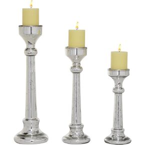 Deco 79 Glass Solid Candle Holder, Set of 3 12", 16", 19"H, Silver