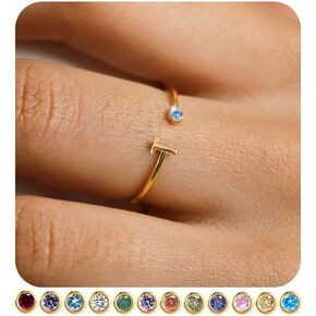 FUNEIA Initial Birthstone Rings for Women Teen Girls Non Tarnish Trendy Stackable Dainty Gold Letter Adjustable Emerald Green Cubic Zirconia Ring for Mothers Daughter Birthday Bridesmaid Gifts Jewelry