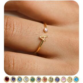 FUNEIA Initial Birthstone Rings for Women Teen Girls Non Tarnish Trendy Stackable Dainty Gold Letter Adjustable Emerald Green Cubic Zirconia Ring for Mothers Daughter Birthday Bridesmaid Gifts Jewelry