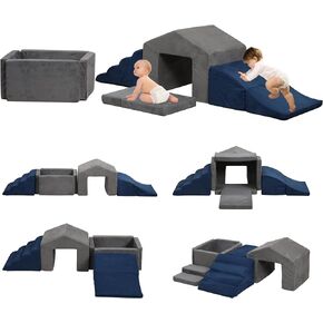 Soft Play Climb and Crawl Activity Playset,Foam Climbing Building Blocks for Toddlers with Ball Pit - Baby Crawling & Sliding Gym Equipment Indoor Active Playing for Preschool,6 Pcs (gray & blue)