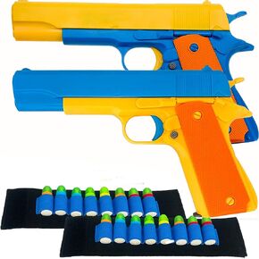 Colt 1911 Toy Gun with Ejecting Magazine and Bullets - Style of M1911 with Slide Action Blue Yellow Barrel for Training or Play - Unique Gift Intended for Fun, Not Distance or Accuracy, 2 Pack