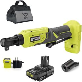 Buho Cordless Power Ratchet Accessory Bundle - Ryobi 18V Cordless 3/8 inch 4-Postion Ratchet Wrench 18V Charger 1.5 Ah Battery 3/8 inch Drive Impact Universal Joint Tool Bag