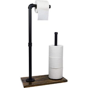 Excello Global Products Toilet Paper Holder Stand: Free Standing Toiler Paper Dispenser Bathroom Organizer with Reserve Storage. Industrial Cast Iron Pipe with Stained Woodnen Base. Size: 28" x 15.75"