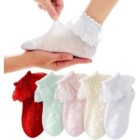 WBZOTSS 5 Pairs Girls Mesh Ruffle Lace Trim Cotton Socks Frilly Ankle Socks Princess Style Dress Socks for Toddler Girls