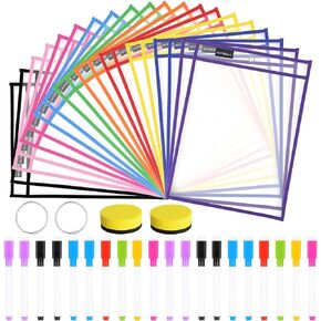 Nutsball Dry Erase Pockets Reusable Sleeves 20 Pack - Heavy Duty Oversized 10" x 14" Clear Plastic Sheet Protectors - Job Ticket Holders Assorted Colors - Teacher Supplies for Classroom