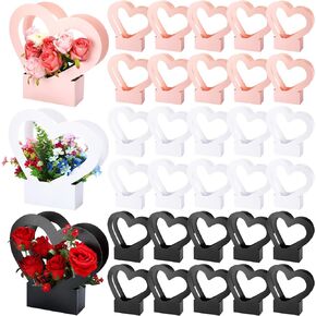 PerKoop 30 Pcs Kraft Paper Flower Box for Arrangement Bouquet Flower Gift Bags with Handle Waterproof Packaging Floral Wrap Wedding Mother's Day Birthday Party, Black, White, Pink(Heart Printing)