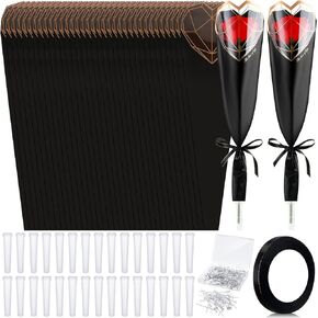 Skyygemm 301 Pcs Flower Wrapping Kit for Wedding Mother's Day 100 Single Rose Sleeves 100 Water Tubes 100 Crystal Diamond Head Pins 1 Ribbon for Birthday Wedding Flower Gifts Arrangement(Red)