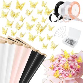 IWOLOMI 181Pcs Flower Wrapping Bouquet Paper Set with 30 Sheet Floral Wrapping Paper 48Pcs 3D Gold Butterfly Decor 100Pcs Bouquet Corsages Pins 4 Roll Ribbons for DIY Craft Wedding Birthday Party
