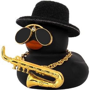 wonuu Car Dashboard Ducks, Saxophone Decor Rubber Duck Car Ornaments with Mini Top Hat Necklace Sunglasses (Light Blue)