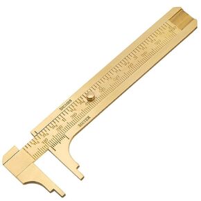 Plowatxi Brass Pocket Caliper with Double Scale Sliding Gauge Bead Measuring Tool Millimeter Gauge Mini Brass Vernier Caliper Brass Ruler, Gold Ruler for Measuring Jewelry(100mm)