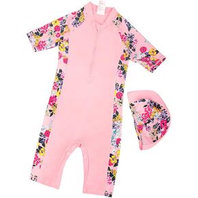 Julysand Toddler Girls Pink Flowers Sunsuit with Zipper Short Sleeve Shorts One Piece Swimsuit 2 Piece Islamic muslimswimwear