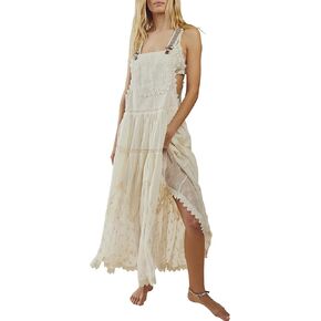 Gacaky Summer Dress for Women Casual Floral Embroidered Bohemian Dress Adjustable Straps Bib Maxi Flowy Dress with Pockets in Kuwait