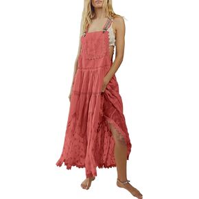 Gacaky Summer Dress for Women Casual Floral Embroidered Bohemian Dress Adjustable Straps Bib Maxi Flowy Dress with Pockets
