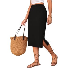 Naggoo Midi Skirts for Women Summer Elastic High Waisted Side Slit Long Skirt