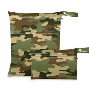 Baofu Camo Pattern Wet Dry Bags Sets Waterproof Reusable Travel Beach Baby Cloth Diaper Wet Dry Bags Organizer with Two Zippered Pockets for Swimsuit and Gym,2Pack