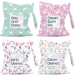 4Pcs Cloth Diapers Wet Dry Bag, Wet Bag, Diaper Bag Organizer, Waterproof Travel Beach Daycare Yoga Gym Bag for Swimsuits Dirty Wet Clothes, Dinosaur Starry Night Sky Cartoon Transportation Patterns