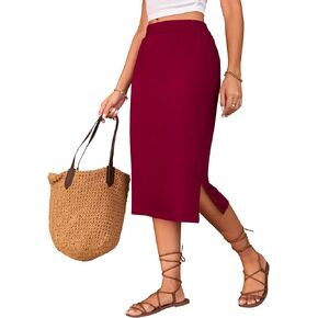 Naggoo Midi Skirts for Women Summer Elastic High Waisted Side Slit Long Skirt