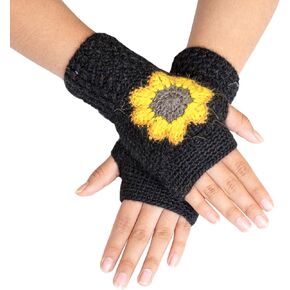 قفازات ألبكة سوداء من بيرو للأطفال مع عباد الشمس | قفازات محبوكة بدون أصابع | إكسسوارات لها، قفازات وقفازات بدون أصابع in Kuwait