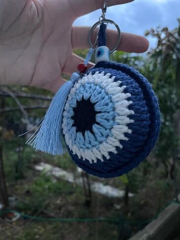 Atelier PG Crochet Evil Eye Key Chain, Evil Eye Bag Charm, Cotton Evil Eye Amigurumi with Tassel and Handcrafted Glass Beads (Blue) in Saudi Arabia