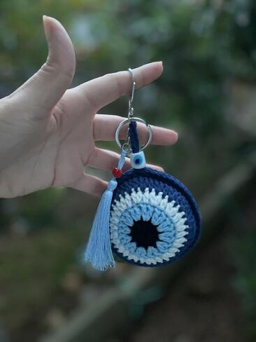 Atelier PG Crochet Evil Eye Key Chain, Evil Eye Bag Charm, Cotton Evil Eye Amigurumi with Tassel and Handcrafted Glass Beads (Blue) in Saudi Arabia