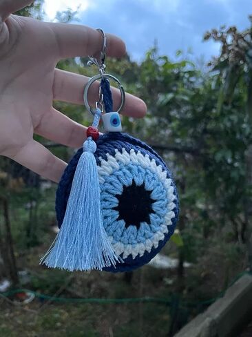 Atelier PG Crochet Evil Eye Key Chain, Evil Eye Bag Charm, Cotton Evil Eye Amigurumi with Tassel and Handcrafted Glass Beads (Blue) in Saudi Arabia