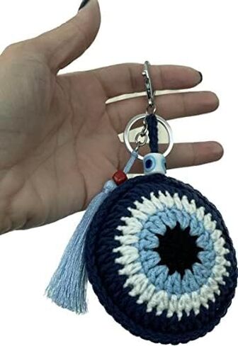 Atelier PG Crochet Evil Eye Key Chain, Evil Eye Bag Charm, Cotton Evil Eye Amigurumi with Tassel and Handcrafted Glass Beads (Blue) in Saudi Arabia